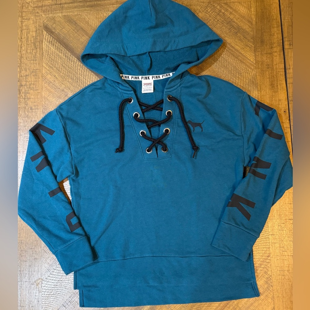 PINK VS Teal Lace Up Hooded Sweatshirt - Picture 1 of 13
